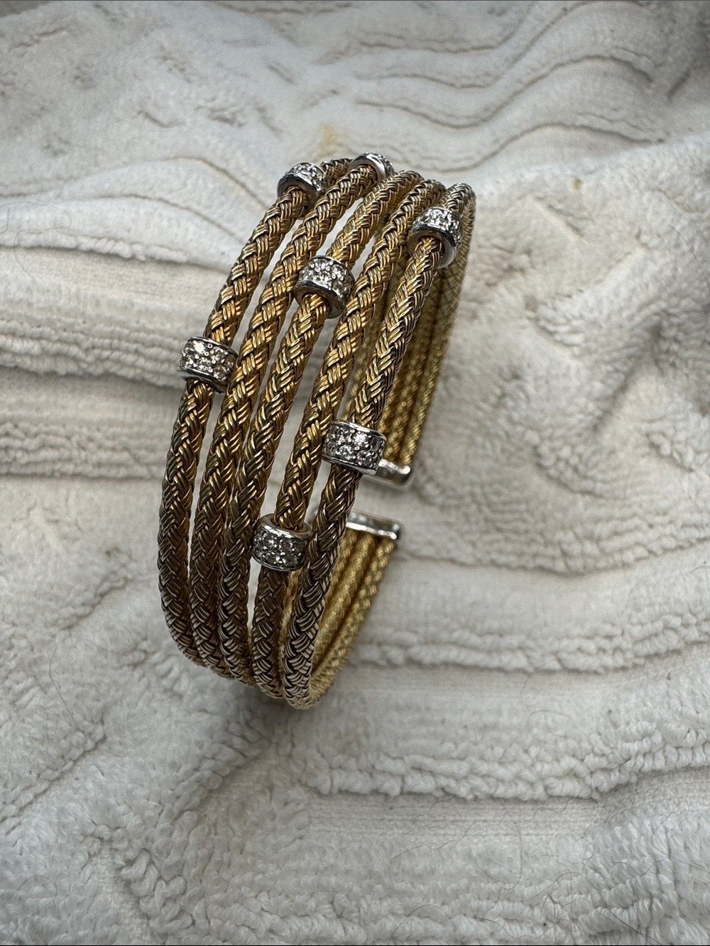 .925 Italy LLJ Gold-Tone Braided Multi-Strand Cuff Bracelet with Crystal Accents